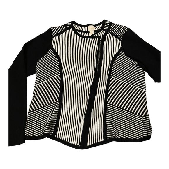 Chico's Natania Black/White Stripe asymmetrical Zip Up Cardigan Sweater size 12 - Picture 2 of 15